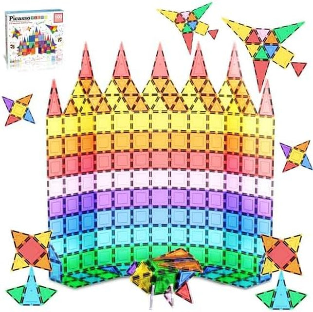 Picassotiles 100 Piece Set 100Pcs Magnet Building Tiles Clear Magnetic 3D Building Blocks Construction Playboards, Creativity beyond Imagination, Inspirational, Recreational, Educational Conventional