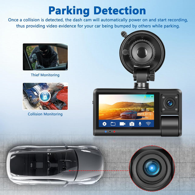 Dual Dash Cam for Cars Front/Inside/Rear View Camera 3 Inch Touchscreen 1080P HD DVR Camera Video Recorder Driving Recorder 2 Split Screens Wide Angle Automatic Loop Recording Night Vision