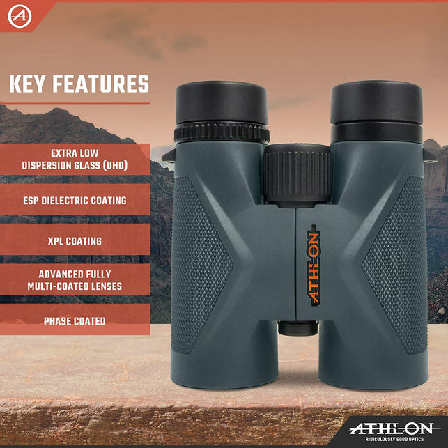 Athlon Optics 8X42 Midas UHD Gray Binoculars with ED Glass for Adults and Kids, High-Powered Binoculars for Hunting, Birdwatching, and More