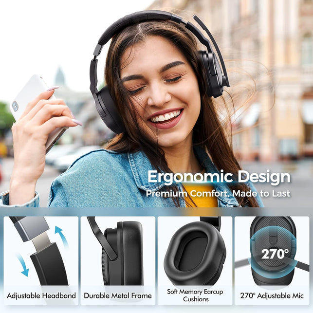 Trucker Bluetooth Headset, Wireless Headsets with Noise Cancelling Microphone, Long Battery Life Bluetooth Headphones with Detachable Earpad/Single+Dual Mode for Office/Driving/Home