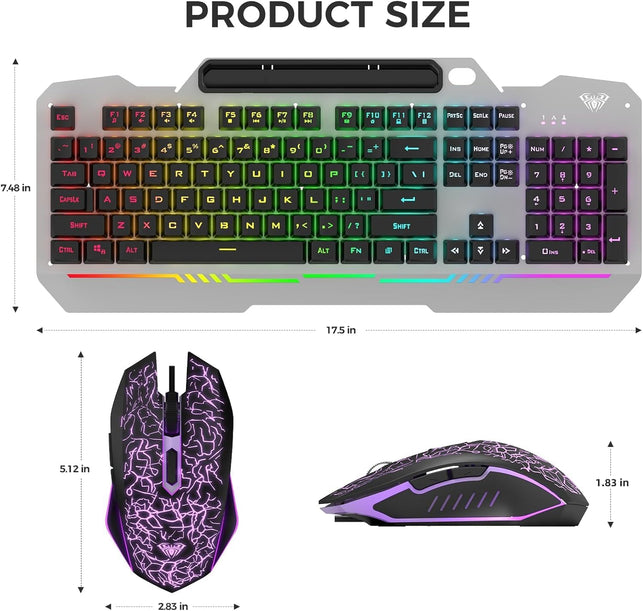 AULA Gaming Keyboard, 104 Keys Gaming Keyboard and Mouse Combo with Rainbow Backlit Quiet Computer Keyboard, All-Metal Panel, Waterproof Light up PC Keyboard, USB Wired Keyboard for MAC Xbox PC Gamers