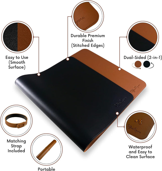 Officeozone Desk Mat with All-New Edge Stitch, Double-Sided, Synthetic Leather, Black and Brown, 80Cm X 40Cm