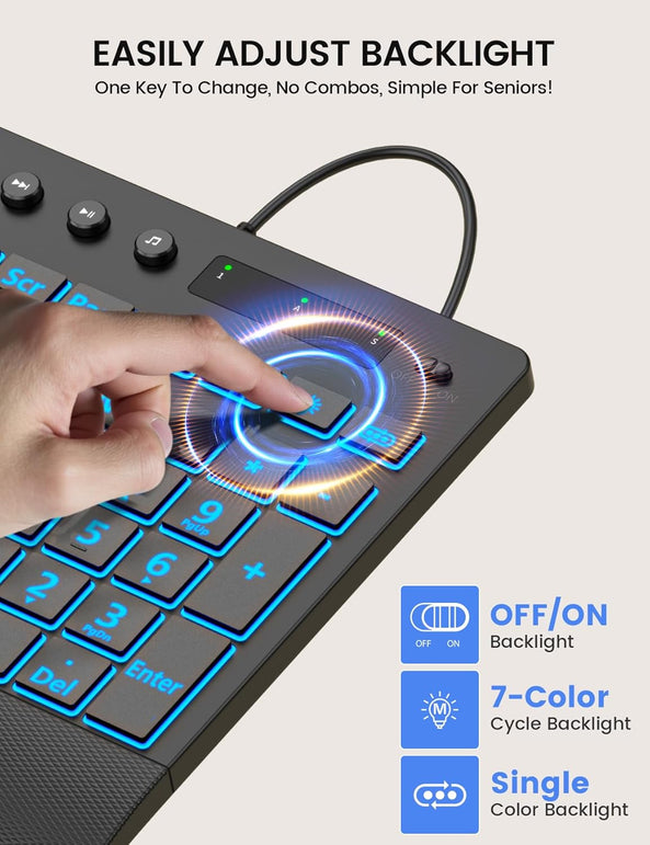 SABLUTE Large Print Backlit Keyboard, USB Wired Computer Keyboard with Backlight Memory Function, Wrist Palm, 7-Color Lighted Office Home Keyboards,Light up Keyboard for Windows Desktop, Laptop, PC