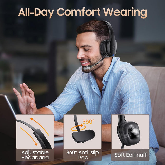 Trucker Bluetooth Headset, Wireless Headset with Mic, Bluetooth Headset with Dual Noise Cancelling Microphone & Mute Button, 55Hrs Working Time PC Headset for Cell Phones, Computer, Truck Driver