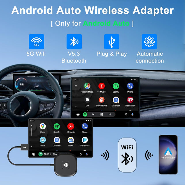 Android Auto Wireless Adapter,Wireless Android Auto Car Adapter/Dongle Plug and Play for Factory Wired Android Auto in All Cars - Low Latency and Easy to Install