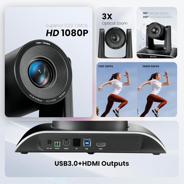 All-In-One Conference Room Video Camera System Bundle HD 1080P 60Fps 3X Optical Zoom USB3.0 HDMI PTZ Camera and Bluetooth Conference Speakerphone with Microphones