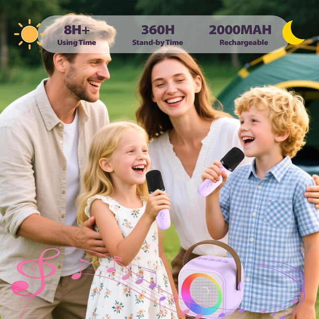 Mini Karaoke Machine for Kids Adults, Portable Bluetooth Speaker with 2 Wireless Microphones, Microphone and Speaker Set with Disco Light for Home Party Christmas Birthday Purple