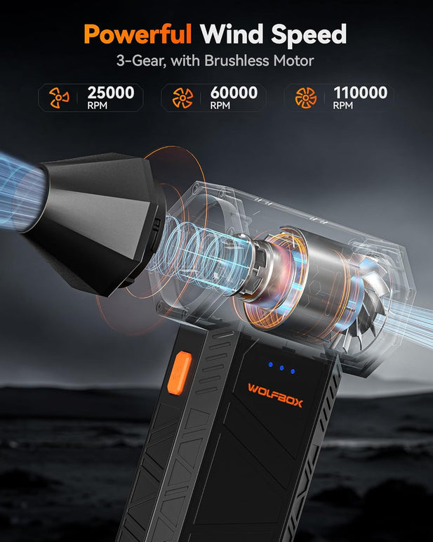 WOLFBOX MF50 Compressed Air Duster-110000Rpm Super Power Electric Air Duster, 3-Gear Adjustable Mini Blower with Fast Charging, Dust Blower for Computer, Keyboard, House, Outdoor and Car