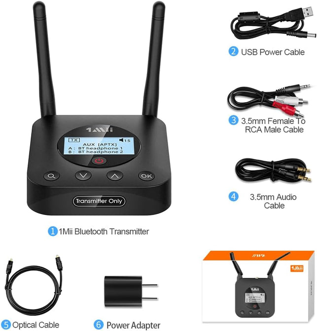 1Mii B06TX+ Long Range Bluetooth 5.2 Transmitter for TV/PC to 2 Wireless Headphones/Speakers, Bluetooth Adapter for TV W/Screen Display Plug N Play, Aptx Low Latency & HD Audio