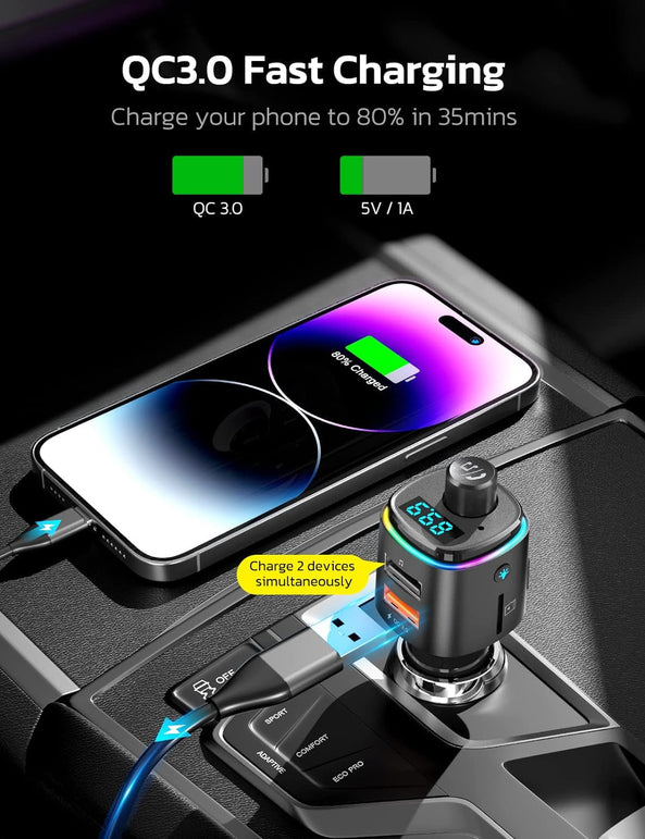 Nulaxy Bluetooth FM Transmitter for Car, QC3.0 Fast Charge Bluetooth Car Adapter, Wireless Radio Car Kit with 7 Color LED Backlit, Support Hands-Free Calls, USB Flash Drive, Microsd Card (B- Black)