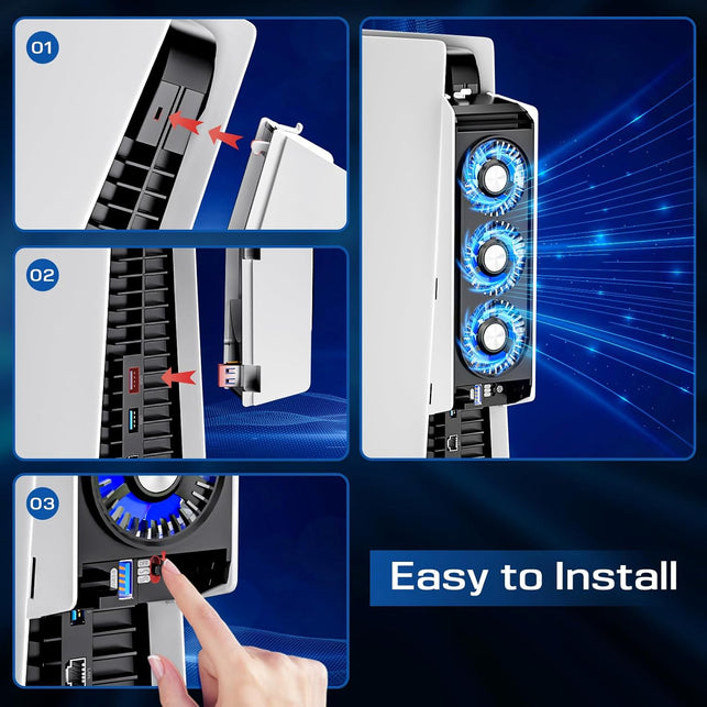 Honghao Cooling Fan for PS5 Accessories,With 3 Blue LED Light/ 2 USB 3.0 Ports / 2 Fan Speed,Compatible with Playstation 5 Console Digital/Cd Version, High Efficiency PS5 Cooler Station(Black)