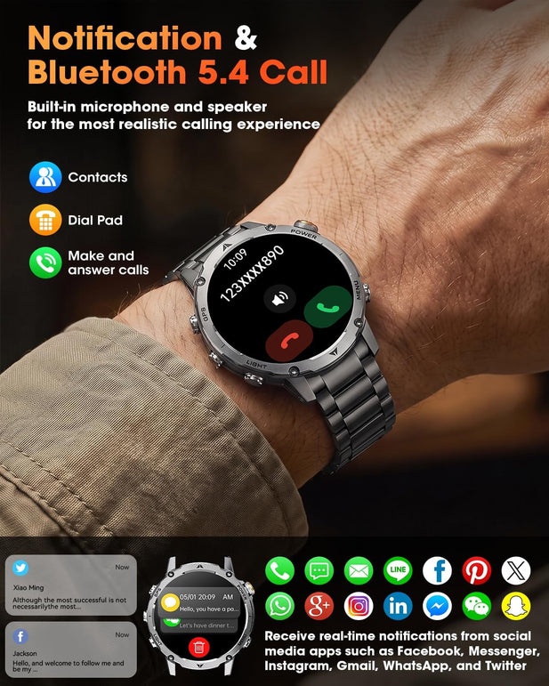 GPS Smart Watch for Men, 100-Day Battery, Bluetooth Call with Flashlight