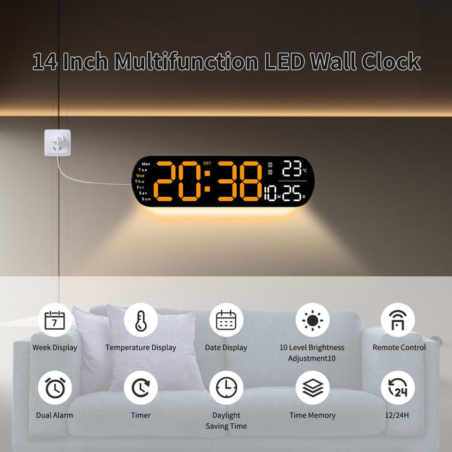 Digital Wall Clock, 14'' LED Digital Wall Clock with 9 Color Ambient Light