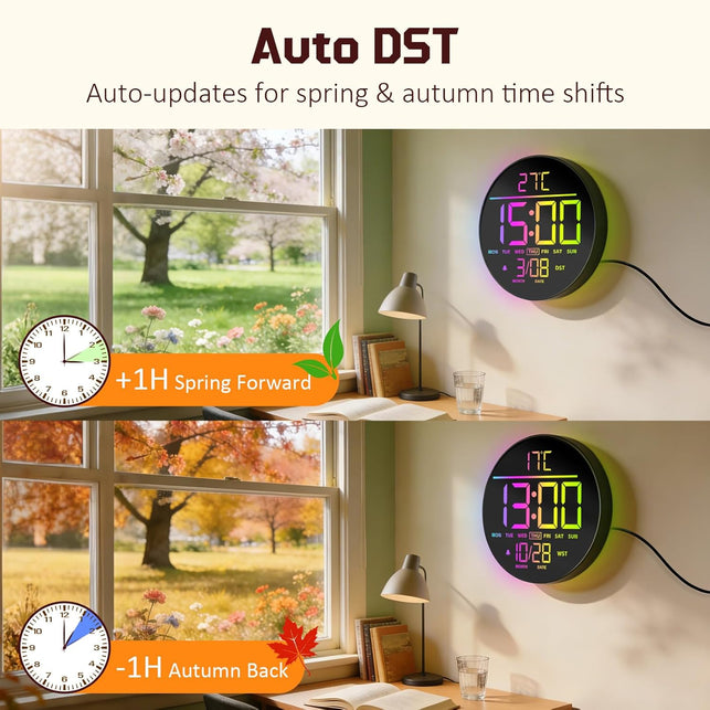 10 Inch(25Cm) Digital Wall Clock with Temperature & Date, Large LED Digits, Auto DST, RGB Display, Seconds, Auto Dimming, Alarm & Countdown for Gym, Bedroom & Office