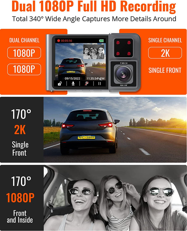 Kingslim D1 Pro 2K Dash Cam Front and inside with Wi-Fi GPS - 2K/1080P Dual Dash Camera for Cars, Car Dash Cam with Super Night Vision and 340° Wide Angle, 24H Parking Monitor, 128G Supported