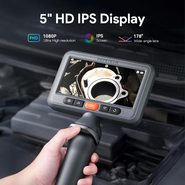 DEPSTECH Dual Lens Borescope Camera with Light, Two-Way Articulating Borescope, 5" IPS Dual View Endoscope with 0.33In Slim Probe, 1080P Waterproof Inspection Camera for Wall Auto Engine Inspect-5Ft