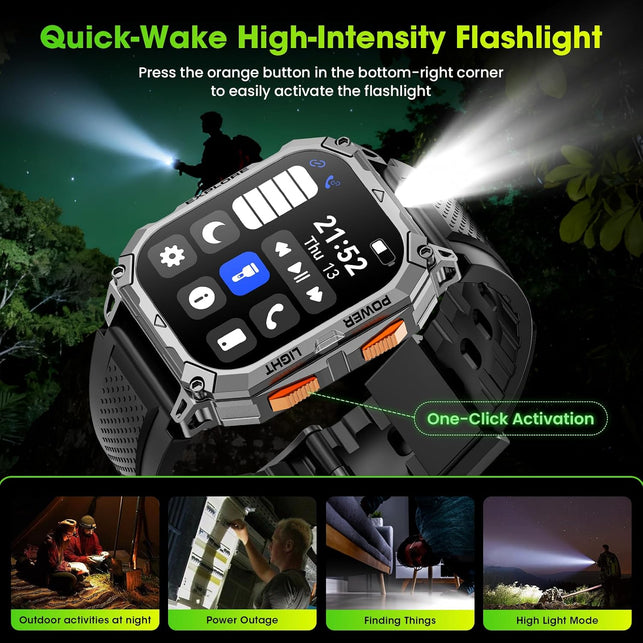 Smart Watches for Men, 2.01" HD Military Smart Watch with 1000Mah High-Capacity Battery/Led Flashlight/Answer/Make Call/Step Tracker, Fitness Tracker for Android/Iphone (Orange)