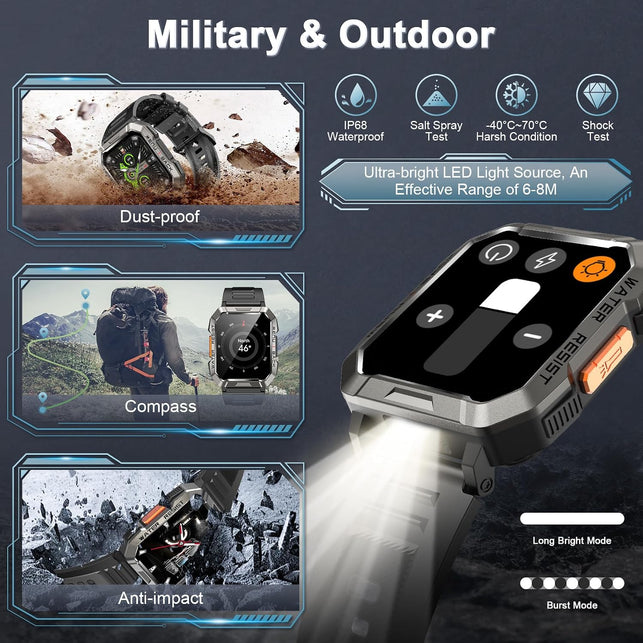 Military Smart Watch for Men(Answer/Make Call), Outdoor Sports Smartwatch with Flashlight/100 Days Battery/Compass/Heart Rate/Spo2/Sleep Monitor/2 Straps, Fitness Tracker for Iphone/Android Phones