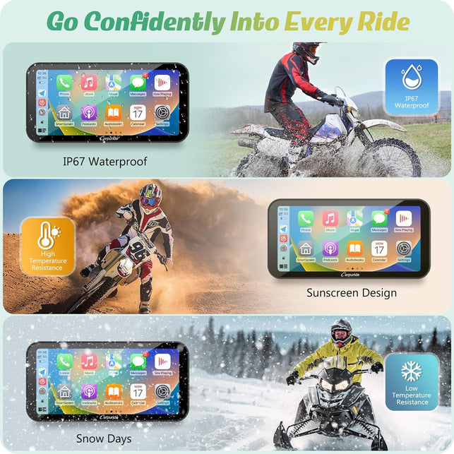 Carpuride W603D Motorcycle GPS Carplay Screen, Wireless Carplay & Android Auto for Moto, with HD 1080P Dual Cameras, Remote Control，6.3" Waterproof Touchscreen, BT Trans, Loop Recording, Navigation