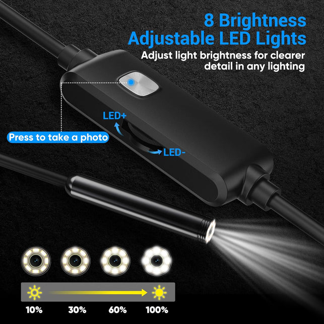 Endoscope Camera with Light,1920P HD Borescope with 8 Adjustable LED Lights, Endoscope with Semi-Rigid Snake Cable, IP67 Waterproof Inspection Borescope for Ios and Android-16.4Ft Single Lens