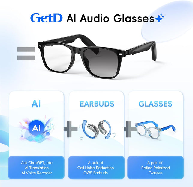 Getd AI Glasses, Smart Glasses Powered by Chatgpt, Real-Time AI Translation | Photochromic Lens, AI Translation in 145 Languages, Hands‑Free Calls, Immersive Audio, Holds AI Conversations