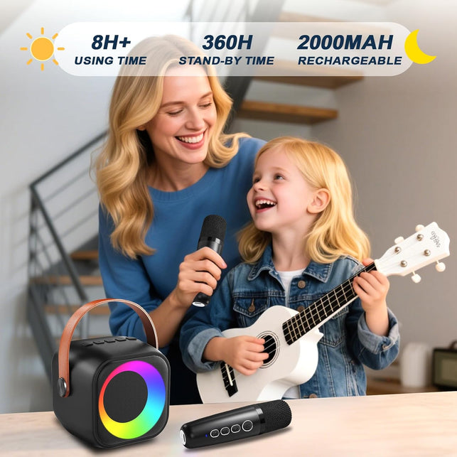 Portable Karaoke Machine with 2 Wireless Microphones, Bluetooth Speaker, Colorful LED Lights, 5 Voice Effects, Black, Perfect for Kids & Adults, Home Party