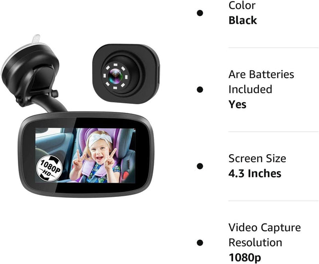 1080P Baby Car Mirror, Shybaby 4.3'' Baby Car Camera Monitor 170° Wide View, HD Night Vision Function and Reusable Sucker Bracket, Safety Rear Facing Car Set Camera Infants Kids Toddlers Black