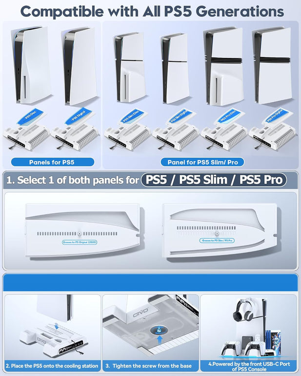 Ps5/Slim/Pro Stand and Cooling Station with LED Controller Charging Station for Playstation 5 Console, Controller Charger, Cooling Stand, Ps5/Slim/Pro Accessories Kit with 3 Level Cooler Fan