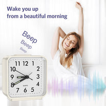 Analog Alarm Clock, Bedside Silent Alarm Clocks Battery Powered, Non Ticking Travel Clock with Night Light, Snooze, Easy Set, Clock for Heavy Sleepers Kids Elder Travel Bedroom Office, White