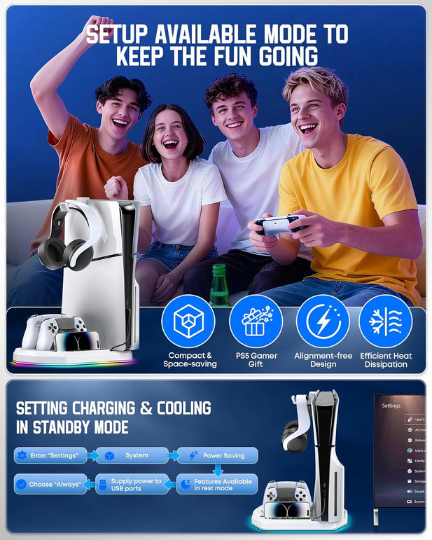 Cooling Station with Controller Charger for Ps5/Slim/Pro, Playstation 5 Vertical Stand for Disc & Digital Console, Dual PS 5 Controller Charging Station with 3 Level Cooling Fan, PS5 Accessory Kit