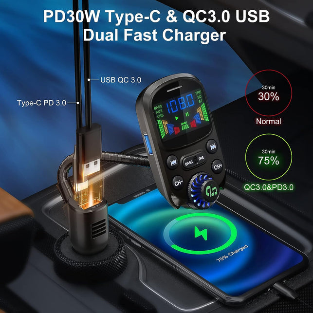 Bluetooth 5.3 FM Transmitter for Car- SOARUN Bluetooth Car Adapter PD30W & USB Port Fast Charge - Hifi Treble & Bass Player - 1.6" Display Hands-Free Calling - Car Radio with AUX Input/Output, TF Card