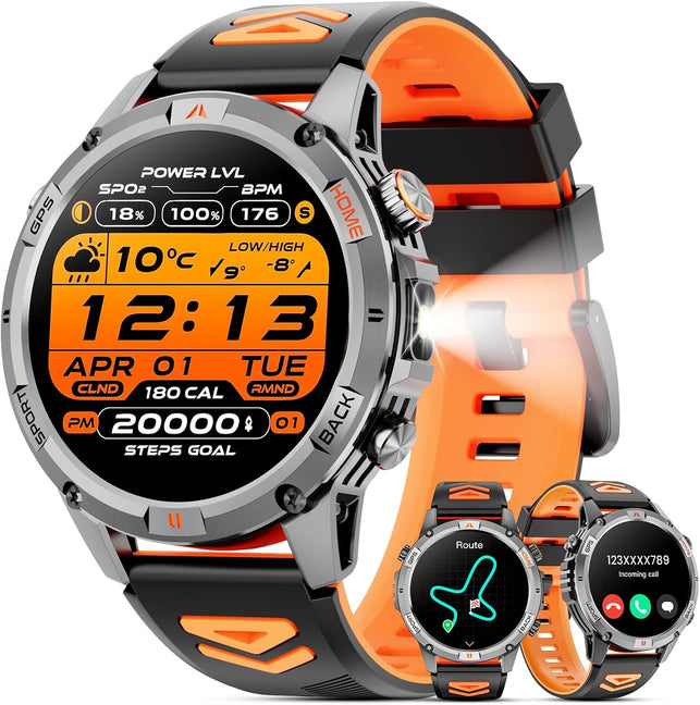 Military Smart Watch(Answer/Make Call), GPS Smartwatch for Men with LED Flashlight Compass, 1.46" HD Fitness Tracker Watch with 100+ Sport Modes, Rugged Smart Watches Compatible for Iphone (Black)