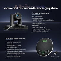All-In-One Conference Room Video Camera System Bundle HD 1080P 60Fps 3X Optical Zoom USB3.0 HDMI PTZ Camera and Bluetooth Conference Speakerphone with Microphones