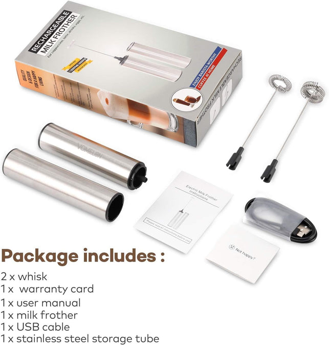 Rechargeable Milk Frother Battery Operated,2-Speed Portable Travel Frother,Electric Milk Foamer Coffee Frother for Latte, Cappuccino, Hot Chocolate Drink Mixer with Double Mini Whisks and USB Cable