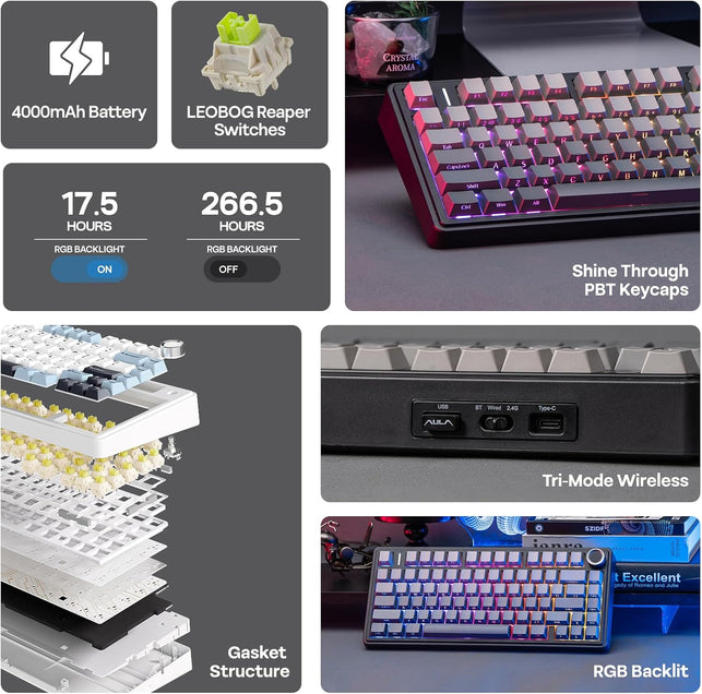 EPOMAKER X Aula F75 Gasket Mechanical Keyboard, 75% Wireless Hot Swappable Gaming Keyboard with Five-Layer Padding&Knob, Bt/2.4Ghz/Usb-C, RGB (Black Gradient, LEOBOG Reaper Switch)