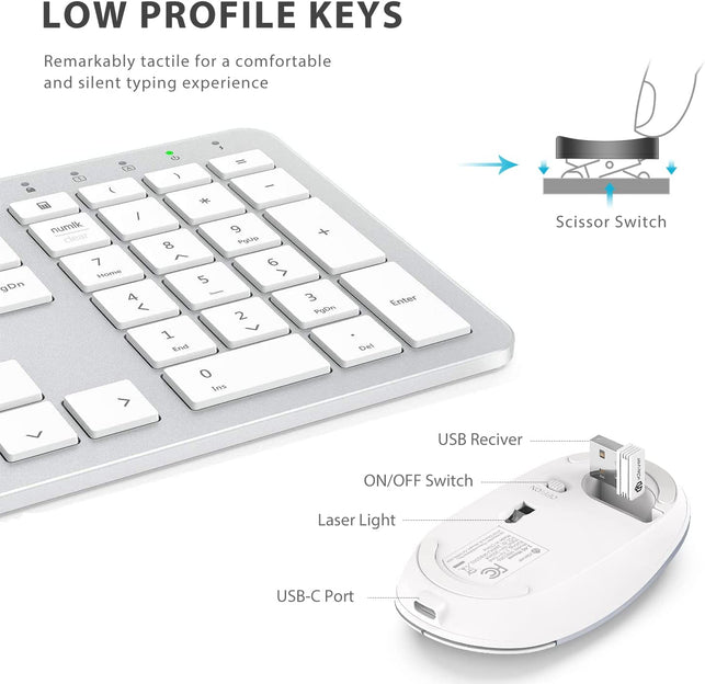 Iclever GK08 Wireless Keyboard and Mouse - Rechargeable, Ergonomic, Quiet, Full Size Design with Number Pad, 2.4G Stable Connection Slim Mac Keyboard and Mouse for Windows Mac OS Computer