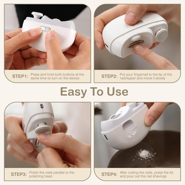 Automatic Nail Clipper Electric Nail Trimmer Polisher 2 in 1 Portable Fingernail Cutter with Light 2 Speeds File Nail Clip Storage Rechargeable Safety Trimmer for Baby Kids Adults Seniors (White)
