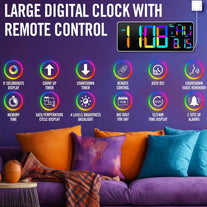 13.7" RGB LED Digital Wall Clock with Remote, Powered by AAA LR03 Batteries, Adjustable Brightness Timer for Home Office