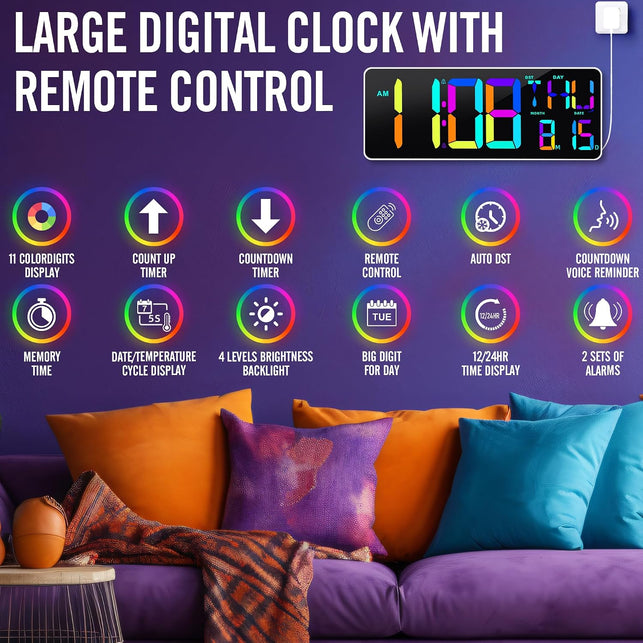 13.7" RGB LED Digital Wall Clock with Remote, Powered by AAA LR03 Batteries, Adjustable Brightness Timer for Home Office