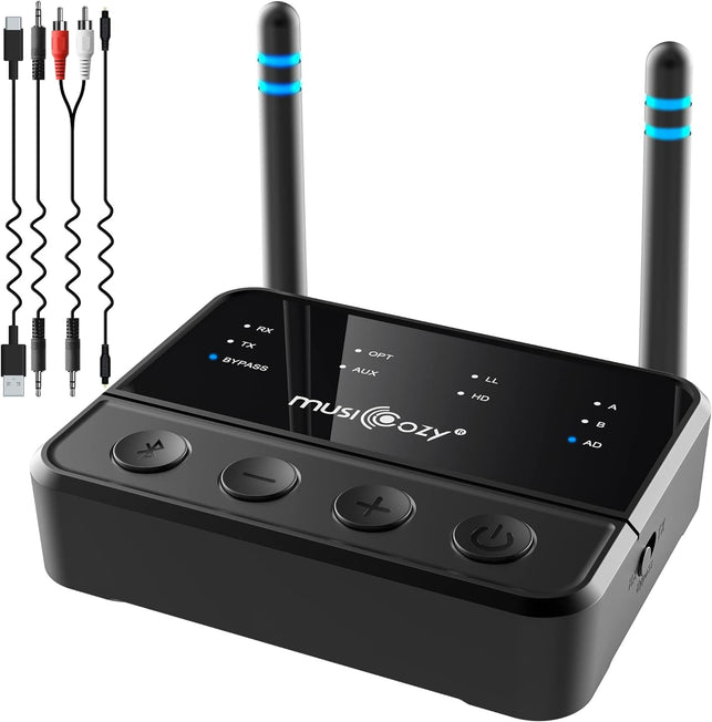 MUSICOZY Bluetooth 5.2 Transmitter Receiver for TV/BT Headphones, Wireless Bluetooth Receiver Audio Adapter for Home Stereo/Speakers/Headphones/Mp3, Stereo Receivers, Built in Battery Audio Adapter