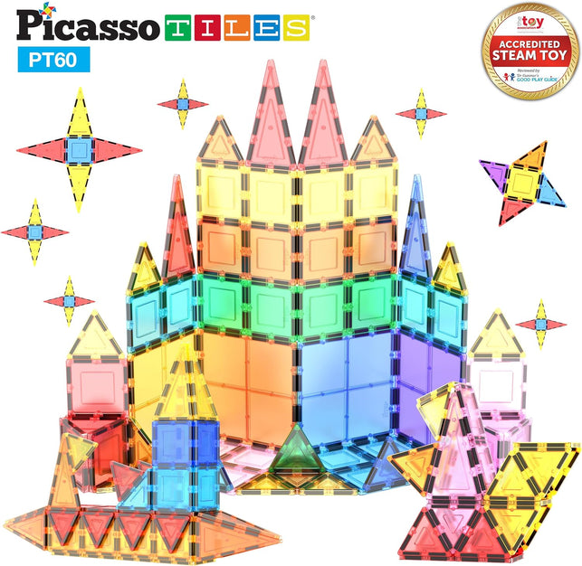 Picassotiles 60 Piece Set 60Pcs Magnet Building Tiles Clear Magnetic 3D Building Blocks Construction Playboards - Creativity beyond Imagination, Inspirational, Recreational, Educational, Conventional