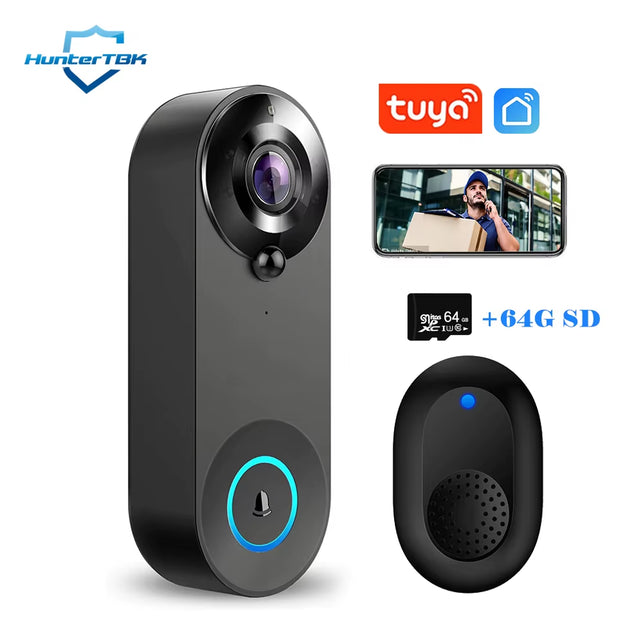 HunterTBK 1080P Wireless Video Doorbell Camera Wifi Smart Door Bell Tuya Smart Home Security Motion Detect Night Vision Intercom Doorbell