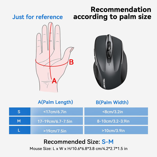 TECKNET Wireless Mouse (BT5.0/3.0 & 2.4G) Rechargeable 4800 DPI Silent Mouse 8 Buttons Bluetooth Mouse, USB a Mouse Wide Compatibility - Grey