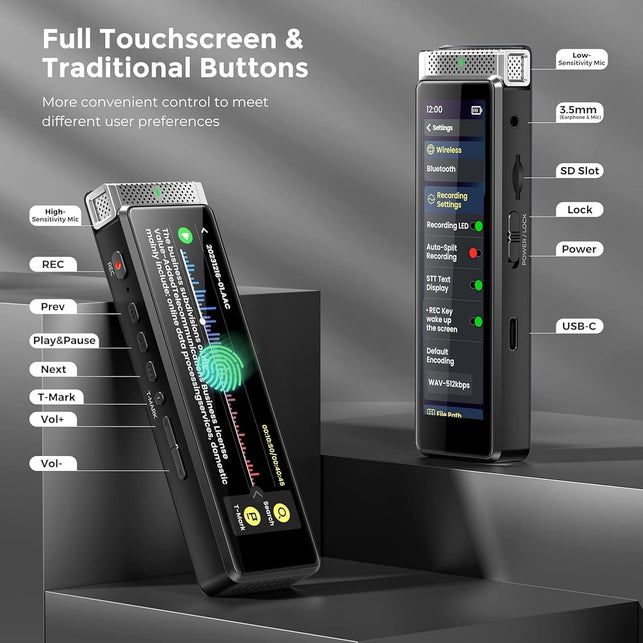 136GB Digital Voice Recorder with Playback, Innioasis R1 Full Touchscreen Voice Recorder with Bluetooth and Intelligent STT Transcription, Voice Activated Sound Audio Recorder Device with Mic (Silver)