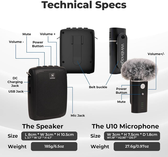 Winbridge WB006 Upgraded Wireless Voice Amplifier – Bluetooth Lapel Microphone with Speaker, Windproof Foam Compact & Portable, Clip-On Mic, Mini Megaphone for Teachers Presenters, Tour Guides