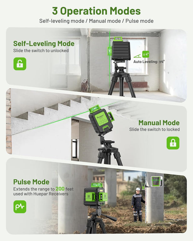 HUEPAR Laser Level 360 Self Leveling, 3 X 360° Green Laser Level High Brightness Cross Line for Construction and Picture Hanging, 5200 Mah Rechargeable Battery- B03CG Pro