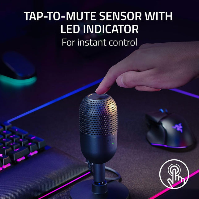 Razer Seiren V3 Mini USB Microphone: Condenser Mic - Supercardioid Pickup Pattern - Tap-To-Mute Sensor with LED Indicator - Shock Absorber - Ultra Compact - PC, Discord, OBS Studio, Xsplit - Black