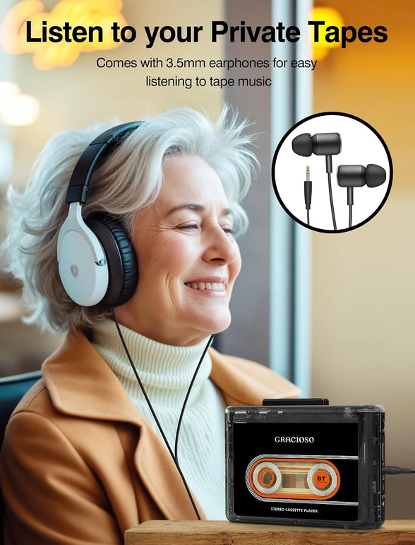 Gracioso Bluetooth Cassette Tape Player Connect Bluetooth Headphone 1100Mah Rechargeable Battery up to 10H Playtime-With Earphone-Back Clip for Secured Carry - Cassette Player for Home,Park