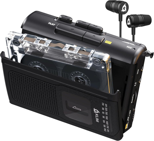 KLIM K8 Cassette Tape Player Portable with F1 Headphones - Cassette Recorder - NEW Version - AM/FM - Built-In Microphone & Speaker - Headphone Jack & Earphones - Black