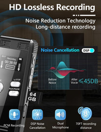 64GB Digital Voice Activated Recorder with Playback - 4552 Hours Audio Recording Device, 3072Kpbs HD Dual MIC Tape Recorder Device for Lecture A-B Repeat, MP3 Player,【64Gb TF Card Included】
